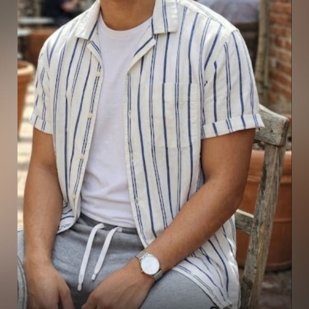 American Eagle Men's Casual Striped Shirt - Navy and White